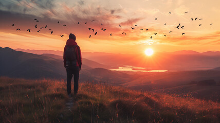 A person standing on a hill observing sunset with birds flying in the sky.
