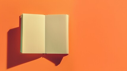 An open blank book on an orange background with strong shadows.