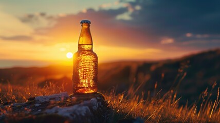 A glass bottle is illuminated by a vivid sunset, placed amid tall grass on hillside. - obrazy, fototapety, plakaty