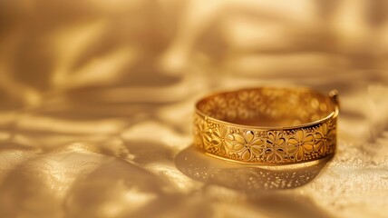 Obraz na płótnie Canvas Elegant golden bracelet on a soft, textured fabric bathed in warm, light.