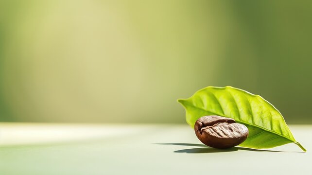 A single coffee bean resting on a vibrant green leaf against soft background with ample natural light.