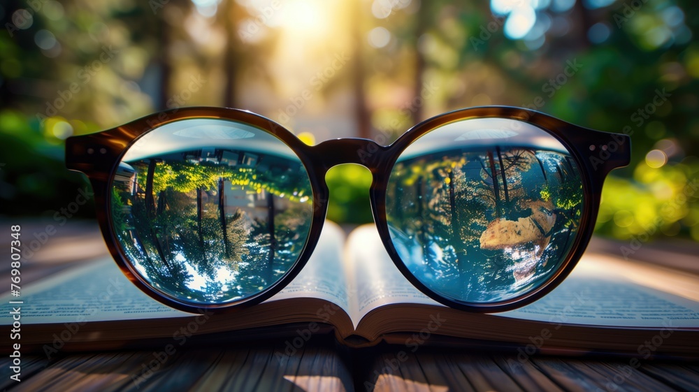 Wall mural sunglasses resting on an open book with nature reflection, backlit by a sun flare.