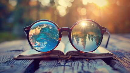 Sunglasses with a reflection of the earth on one lens and trees other, resting an open book outdoors at sunset.