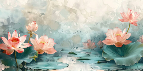 Tranquil Lotus Flowers and Water Lilies in a Pond Painting Serene Nature Scene with Floral Reflections - obrazy, fototapety, plakaty