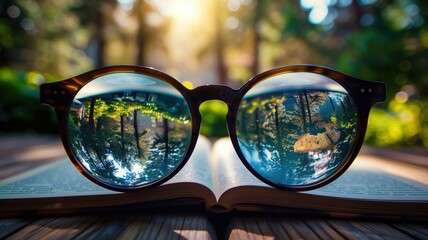 Sunglasses resting on an open book with nature reflection, backlit by a sun flare.