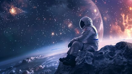 astronaut sitting on a desert planet at night looking at the sky - obrazy, fototapety, plakaty