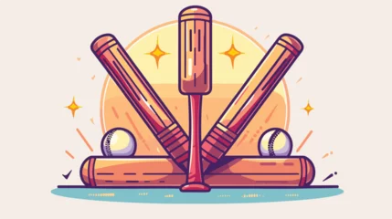Foto op Canvas Cricket emblem wit ball and bats flat cartoon  © iclute