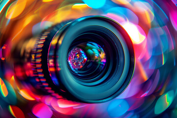 A colorful lens with a blurry background. The lens is surrounded by a colorful background with many different colors. The lens is the main focus of the image, and the background is blurry. - obrazy, fototapety, plakaty