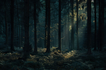 Fototapeta premium Fairy mysterious dark forest landscape. Generative AI