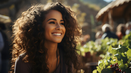 A joyful curly-haired woman smiles brightly, surrounded by vines in a sunlit vineyard, suggesting a...