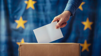 A hand placing a ballot into a box with the European Union flag in the background, symbolizing democratic voting in EU elections - obrazy, fototapety, plakaty