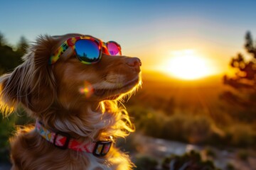 setter in colorful sunglasses watching the sunset - obrazy, fototapety, plakaty