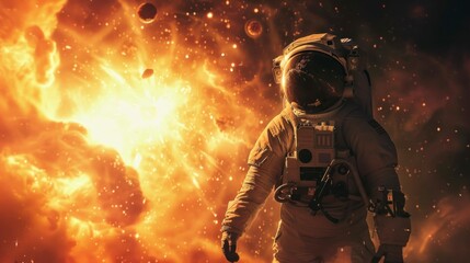 astronaut observing an explosion of a planet in space in high resolution and high quality