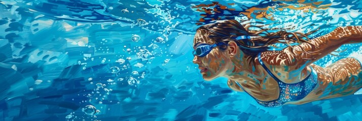 Young woman gliding through the water of a swimming pool, her body streamlined and focused - obrazy, fototapety, plakaty