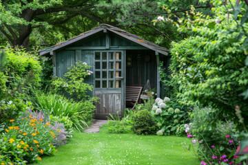 Fototapeta na wymiar Small green fenced back yard with garden and shed. Gardening tools shed. Generative AI