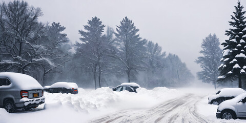The impact of a severe blizzard with snowdrifts engulfing structures and roads