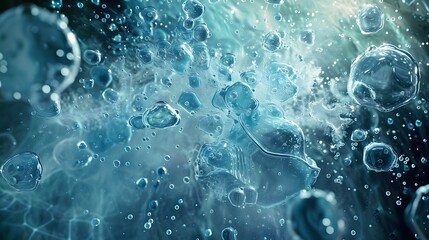 Abstract blue background with water drops and bubbles - obrazy, fototapety, plakaty