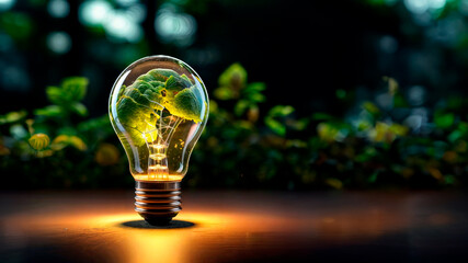 Concept of ideas to save the planet. glass globe in a light bulb. AI Generated	
