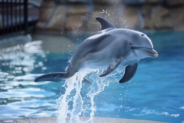 dolphin with splashing water trail during a high jump