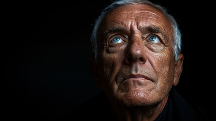 Close-up portrait of a contemplative elderly man with glasses and a thoughtful expression.