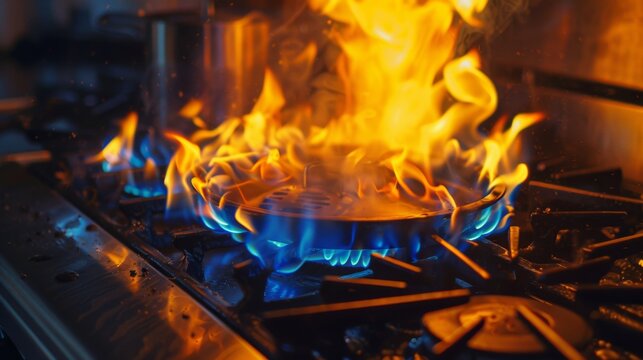 Flame of a burning gas fire on a kitchen gas stove, where strong heat emanates from the bottom of the pan