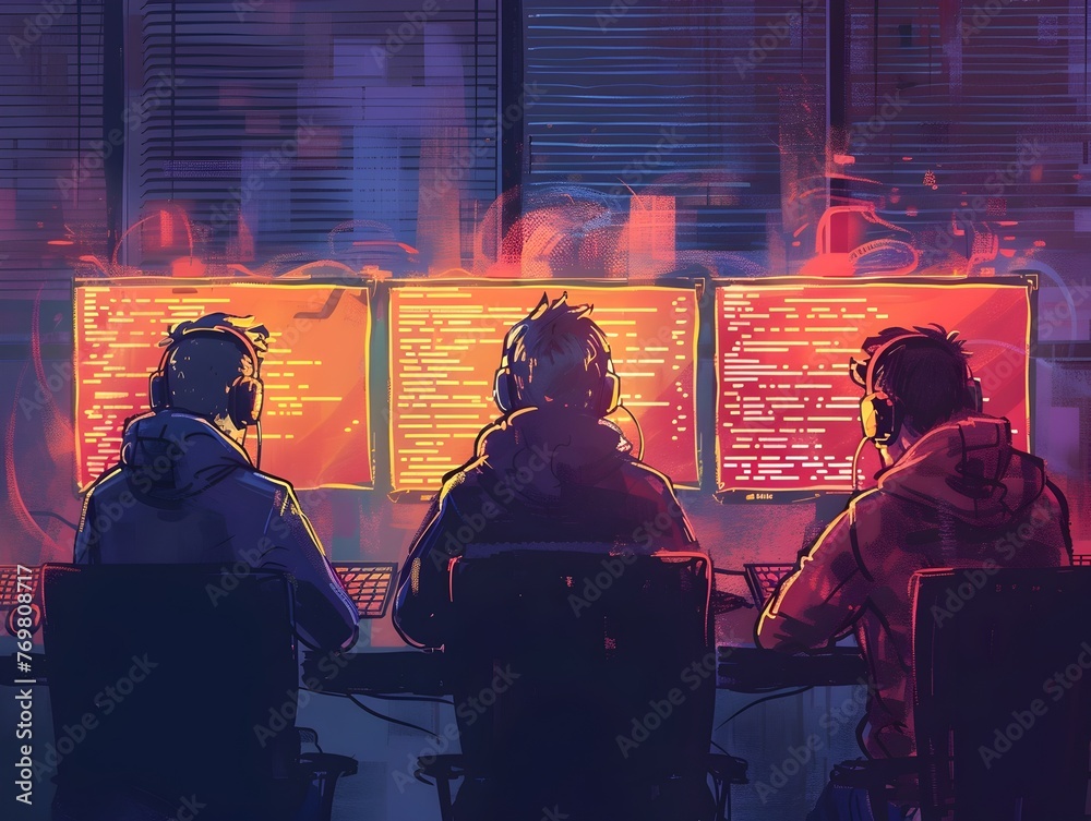 Poster a group of software developers deeply engaged in a coding marathon their eyes fixed on the glowing s