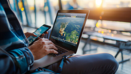 Man using a laptop and smartphone for booking hotel online. Sitting in an airport. Tour reservation, Booking online concept.