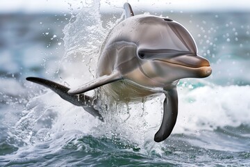 dolphin clearing water droplets while jumping at noon - obrazy, fototapety, plakaty
