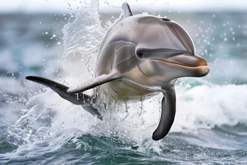 Poster dolphin clearing water droplets while jumping at noon © primopiano