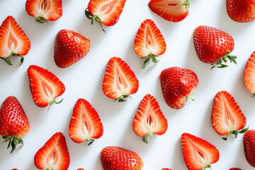 Fresh strawberries arranged in a pattern on a white surface with one side cut in half