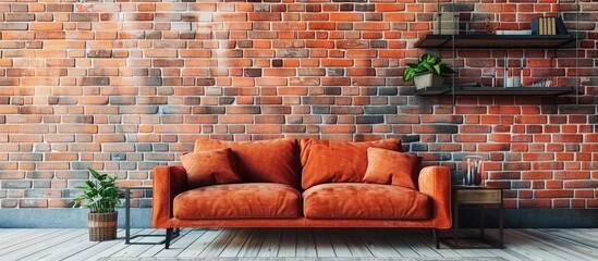 Modern living room interior design with a sofa and shelf against a brick wall background.