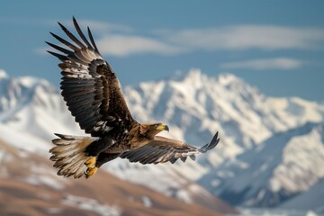 Fototapeta premium eagle in flight with snowcapped mountains in the background