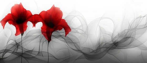   Two red flowers stand out against a white and black swirling backdrop