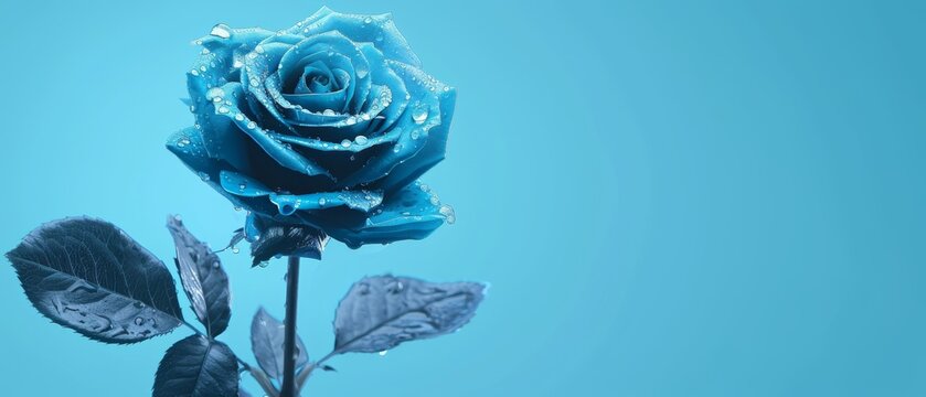   A detailed image of a blue rose with water droplets on its petals and a clear blue sky as the backdrop