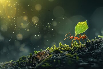 A small red ant is standing on a leaf - obrazy, fototapety, plakaty