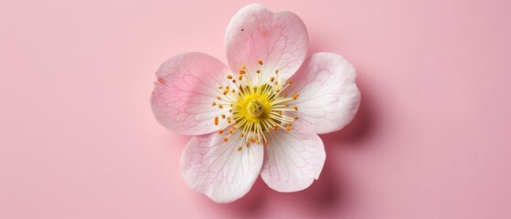   A white and pink flower with a yellow center on a light pink background, featuring a yellow center at its core