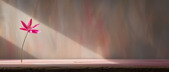   A pink flower sits atop a wooden table, casting a long shadow against the wall behind it