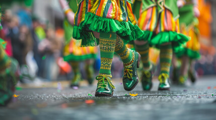 Lively Irish dancers parade through the street, focusing on their colorful costumes and rhythmic...