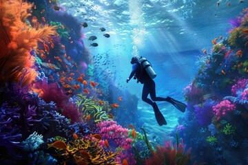 A man in a blue wetsuit is swimming in a colorful coral reef - obrazy, fototapety, plakaty