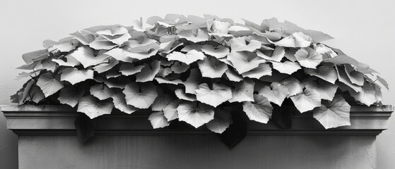   A monochrome image of a container with foliage adjacent to a structure featuring a pale exterior