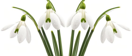   White flowers in vase with water droplets on petals and green stems on white background - obrazy, fototapety, plakaty