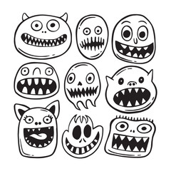 monster cute doodle collection set hand drawn black and white premium vector