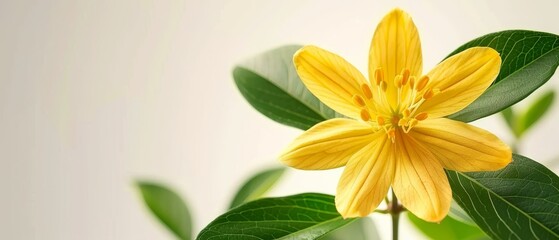   A close-up of a yellow flower with green leaves in the foreground and a white wall in the background