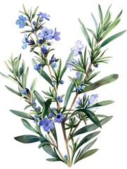 Delicate Watercolor of Fragrant Rosemary Plant with Lush Green Foliage and Delicate Blue Flowers