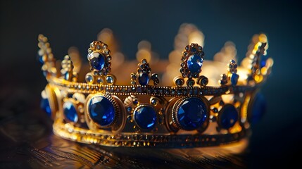 Exquisitely Bejeweled Golden Crown with Radiant Blue Gemstones,a Symbol of Majesty and Regal Authority