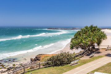 White Sand Beach seen from Ballina Head Lookout with Bench, New South Wales, Australia.