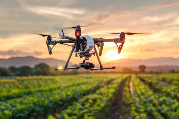 Drone flying over the rice fields Revolutionizing farming with new technology