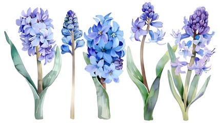 Fragrant Watercolor Hyacinth Bouquet in Shades of Purple and Blue - Elegant Floral Clipart for Spring Designs and Botanical Backgrounds
