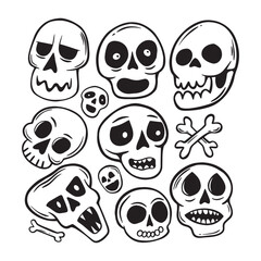 skull doodle collection set hand drawn black and white premium vector