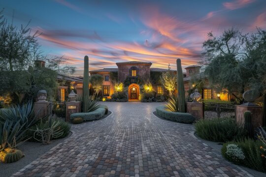 The driveway of an elegant home in the desert, with lights on and large landscaping around it It has arched doorways leading to its wide cobblestone driveway Generative AI